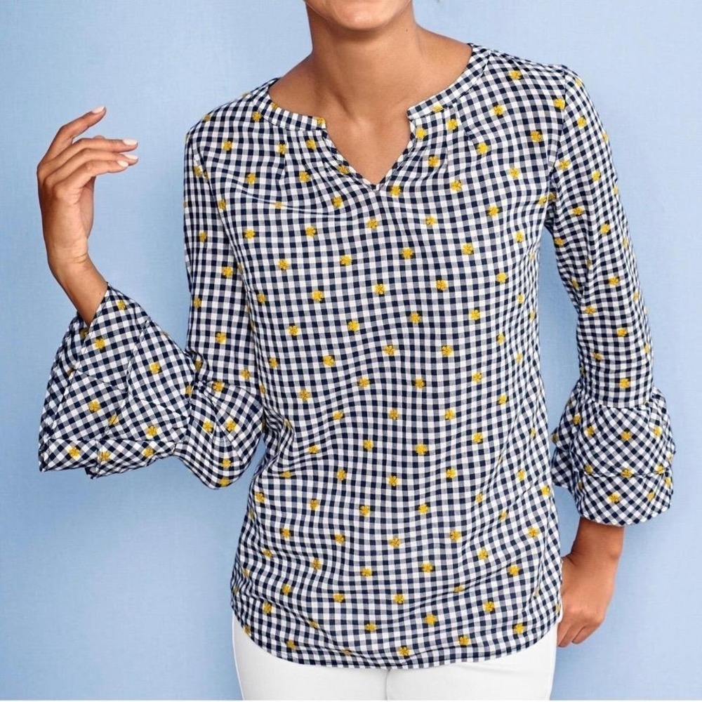 Talbots Petites Blouse Top Floral Embroidered Gingham Bell Ruffle Sleeve Size P